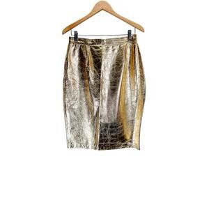 Vintage Francois George Leather Skirt Womens XL 8 10 Gold Pencil Glam Luxury